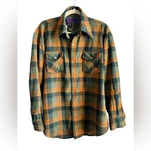Ponderosa - Vintage Men’s‎ Button Up 2 Pocket Flannel - Large - Orange & Green